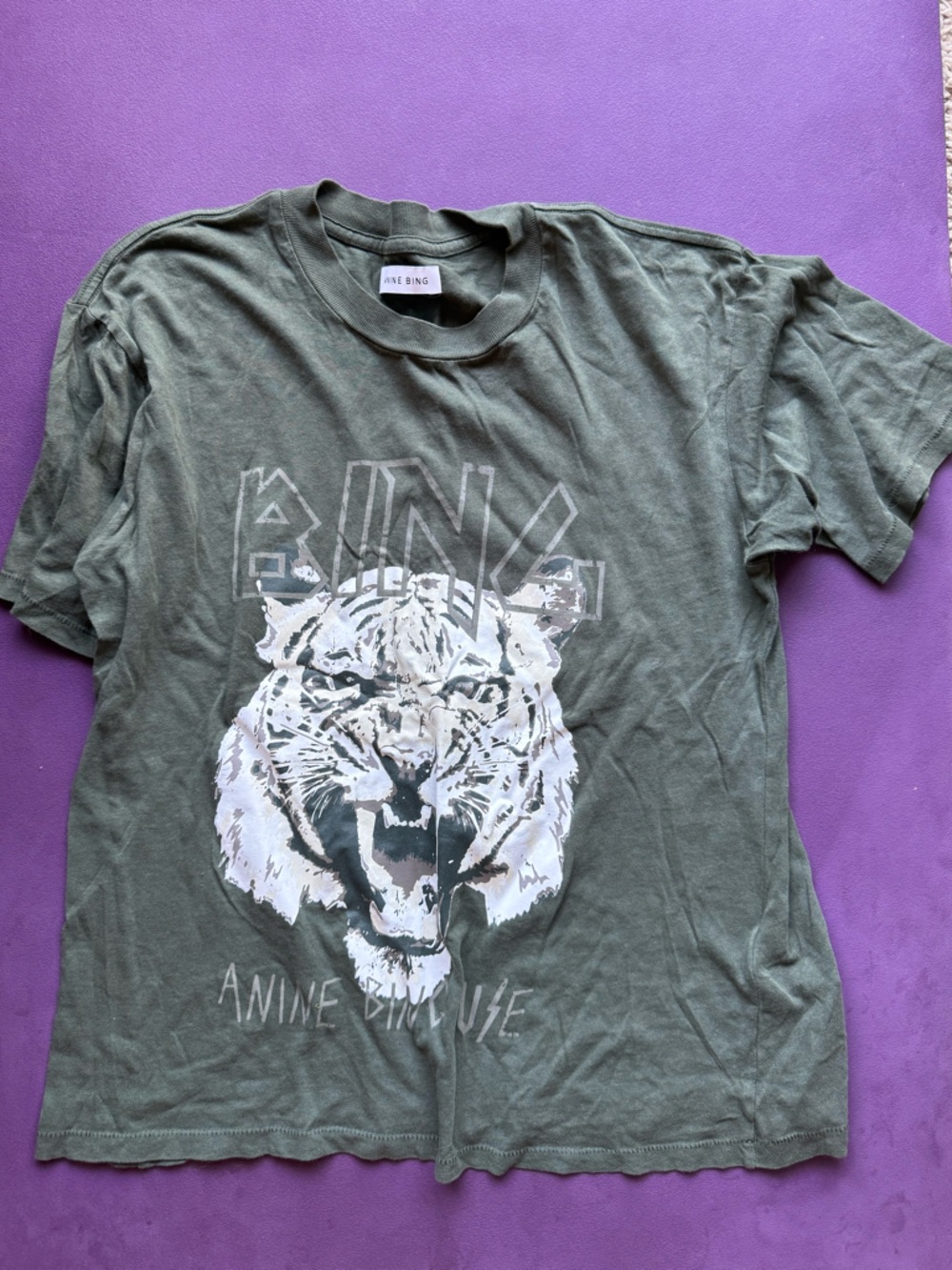 Anine Bing Olive Green Tiger Graphic Short Sleeve Tee